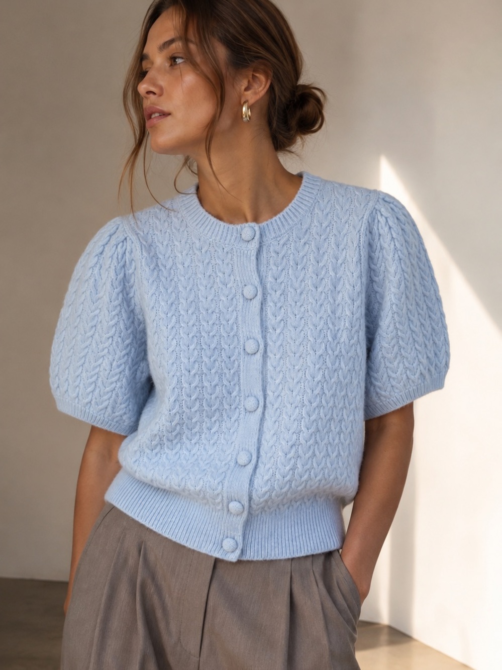 Sincerely Jules | S | Baby Blue Cable Knit Short-Sleeve Cardigan Sweater